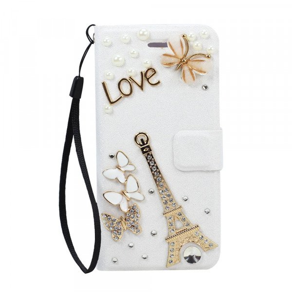 Wholesale Galaxy S6 Edge Crystal Flip Leather Wallet Case with Strap (Eiffel Tower White)